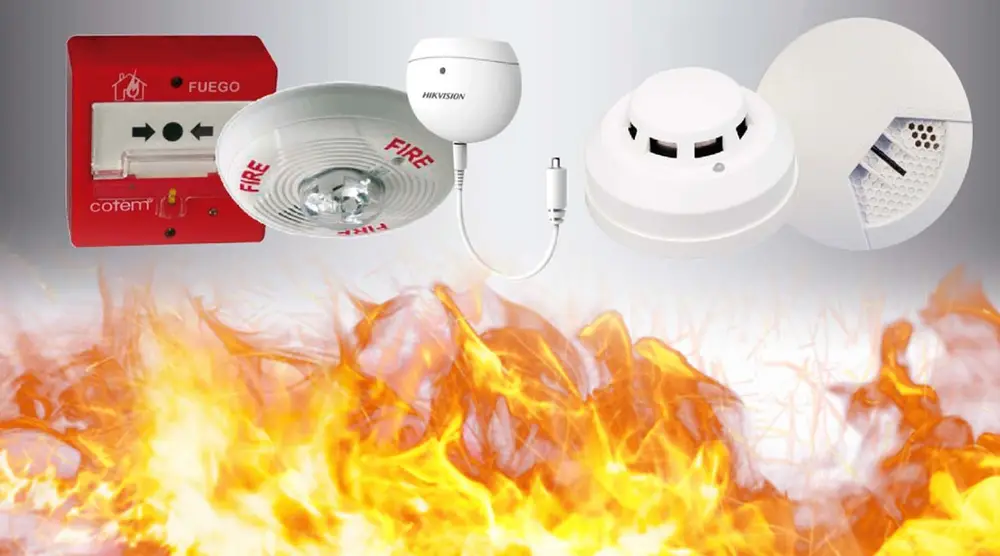 Detectores de humo y calor, pulsador y central de incendio